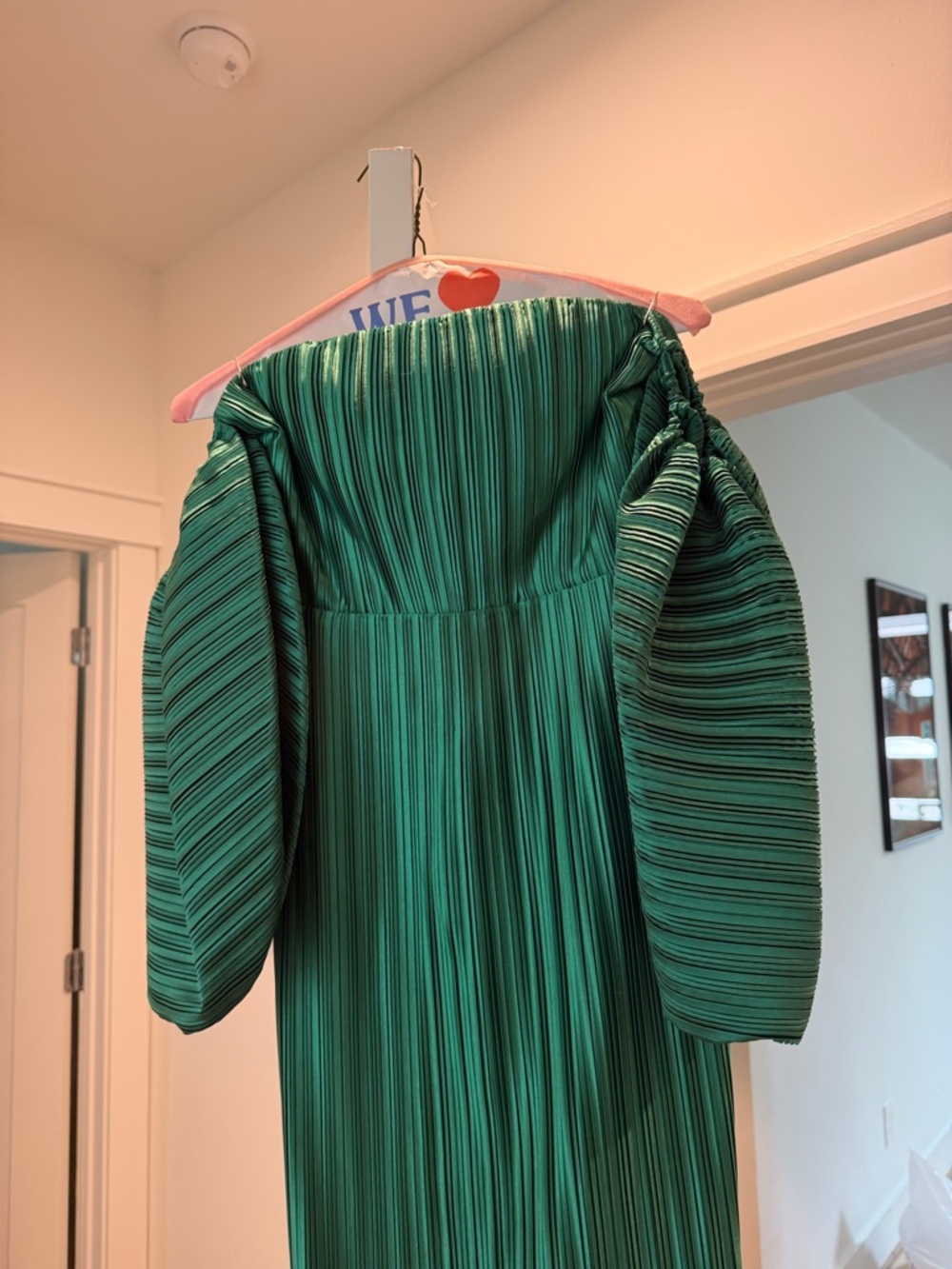 Strapless Emerald Green Pleated Midi Dress with Statement Puff Sleeves - Picture 5 of 6
